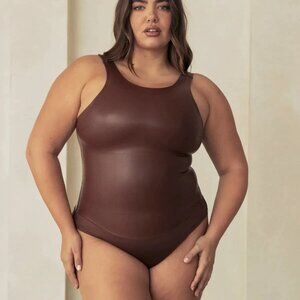 Pinsy Shapewear Bodysuit Brown Vegan Leather High Neck Cheeky NWT